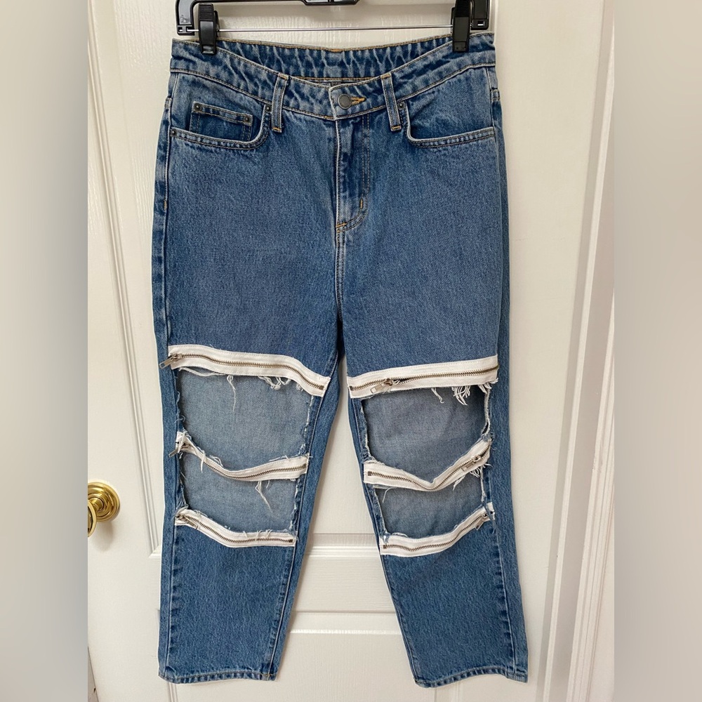 Carmar Blue Distressed Boyfriend Jeans with Exposed Zippers